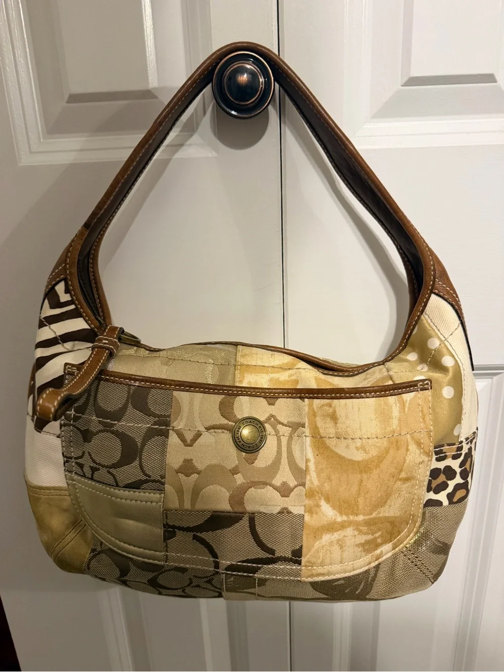 Coach Ergo Patchwork Leather Canvas Suede Hobo in Earth Tone Brown Color